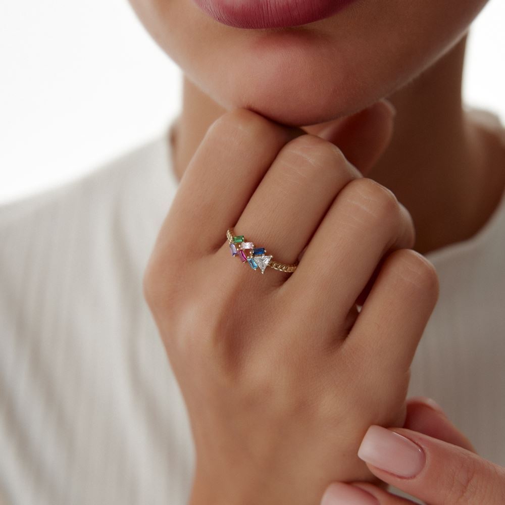 Renkli Taşlı Baget Yüzük