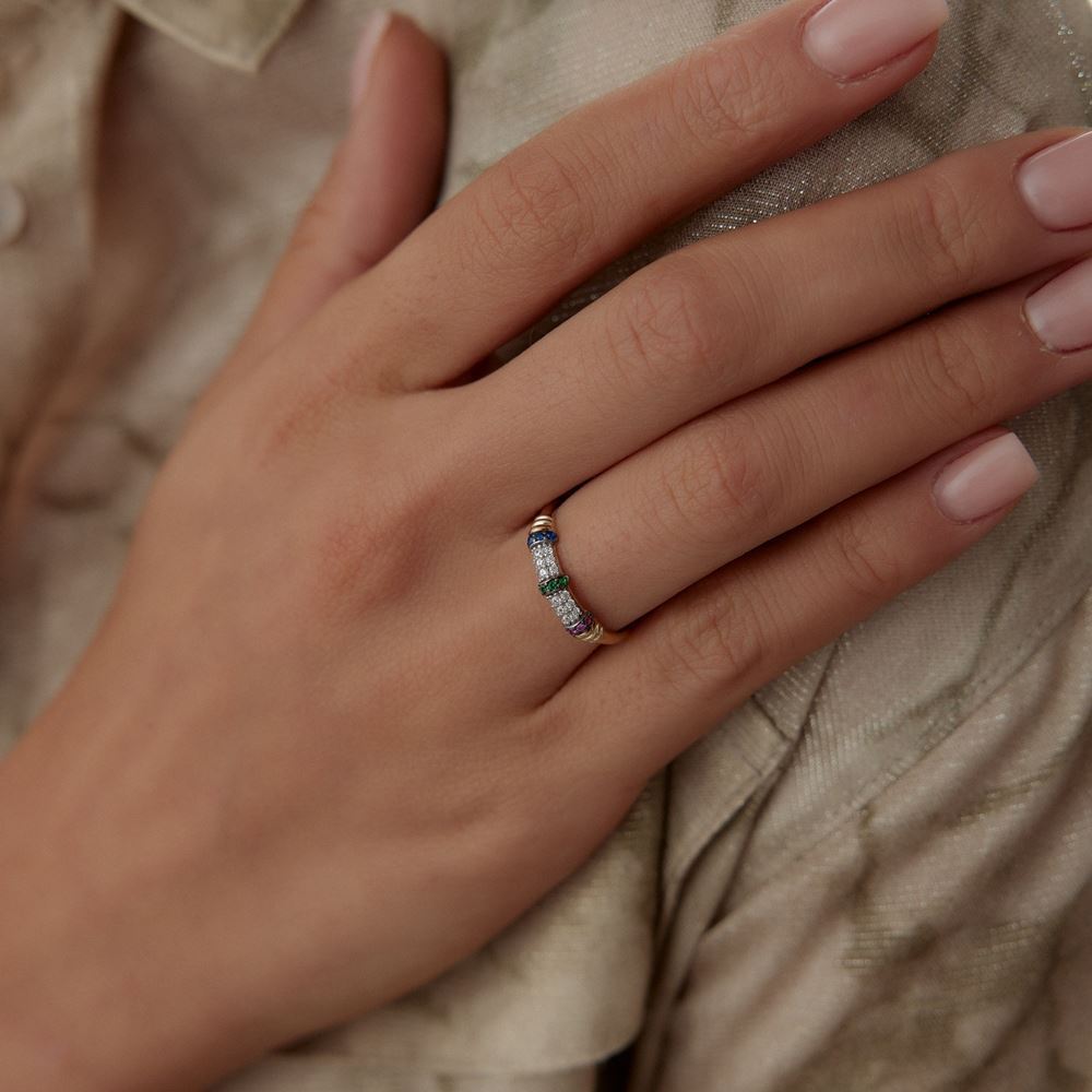 Renga Renk Taşlı Yassı Tasarım Yüzük