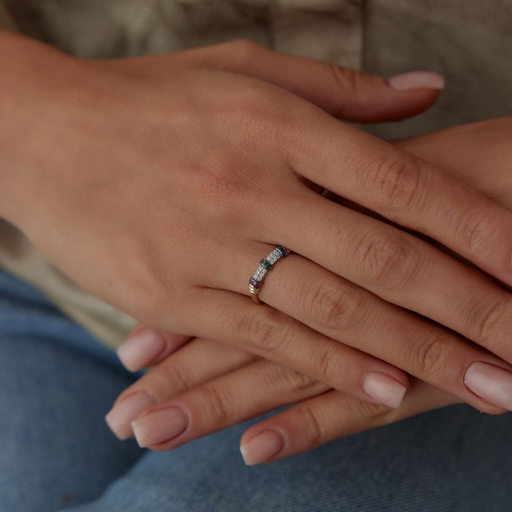 Renga Renk Taşlı Yassı Tasarım Yüzük