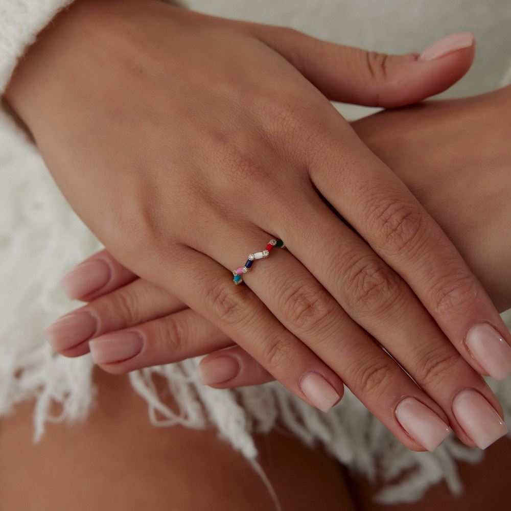 Renkli Çubuk Nokta Taşlı Tasarım Yüzük